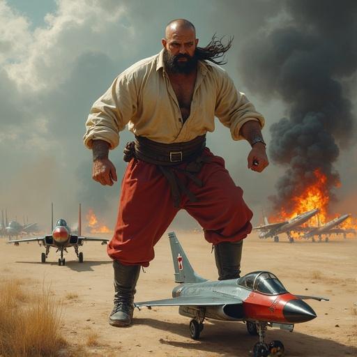 Epic dramatic scene featuring a powerful Ukrainian Cossack with a stern face and traditional attire crushing a burning Su-24 military jet. The sky is stormy with heavy gray clouds. The airfield is engulfed in flames and thick smoke. The Cossack has a traditional oseledets hairstyle and muscular build. He strides forward with clenched fists, showcasing triumph amidst destruction.
