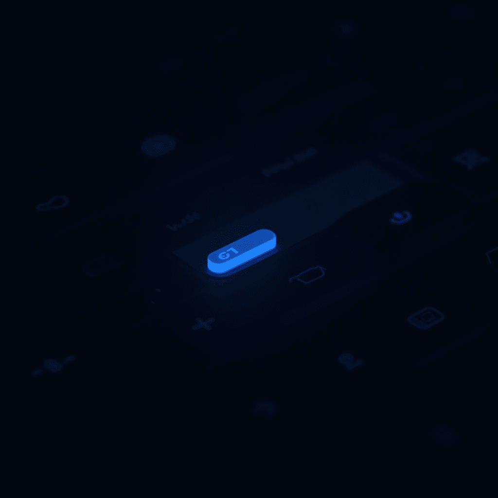 A close-up of a keyboard with a glowing blue 'G1' key amidst dark surroundings, highlighting its futuristic design.