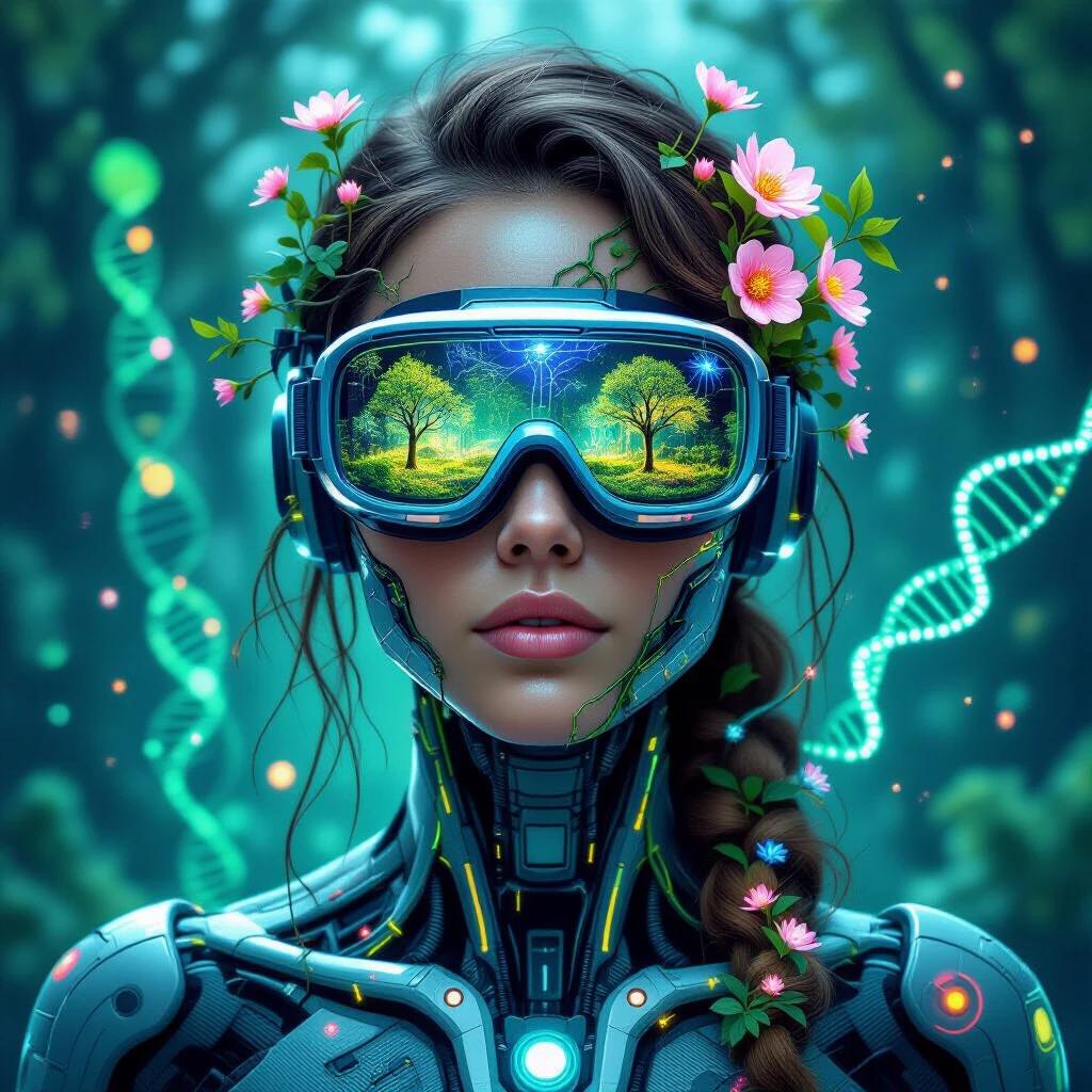 A digital art portrait of a biotech engineer. The character wears goggles showing living landscapes. Miniature forests with glowing trees and bioluminescent creatures appear in the goggles. Vines grow from hair and neck. Bio-mechanical cherry blossoms pulse with energy. Complex DNA structures create patterns in the background with glowing spores floating.