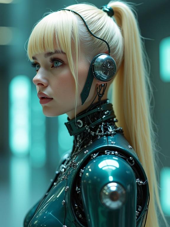 Futuristic full body shot of a cyborg. Cyborg has blue eyes and a ponytail. Cyborg features silver metallic cybernetic implants and shiny dark teal decorations. The body design has no visible zipper and headset. Emphasizes high-quality details.