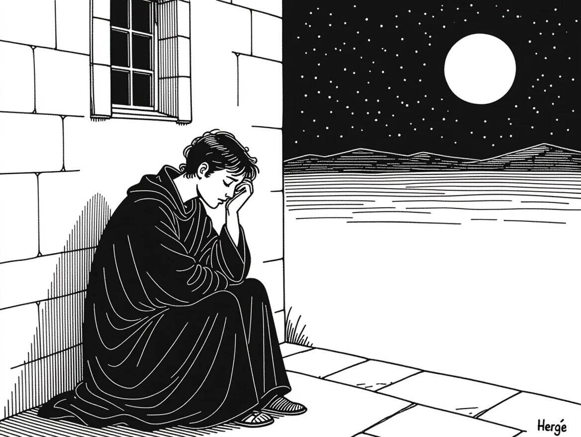 Pen and ink illustration by Hergé. A figure expresses sadness. The universe is depicted with a starry sky and a large moon. The mood conveys introspection and loneliness.
