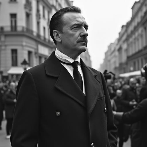 Man in formal attire stands on a Paris street. Crowds gather in the background. The atmosphere conveys a historical event.