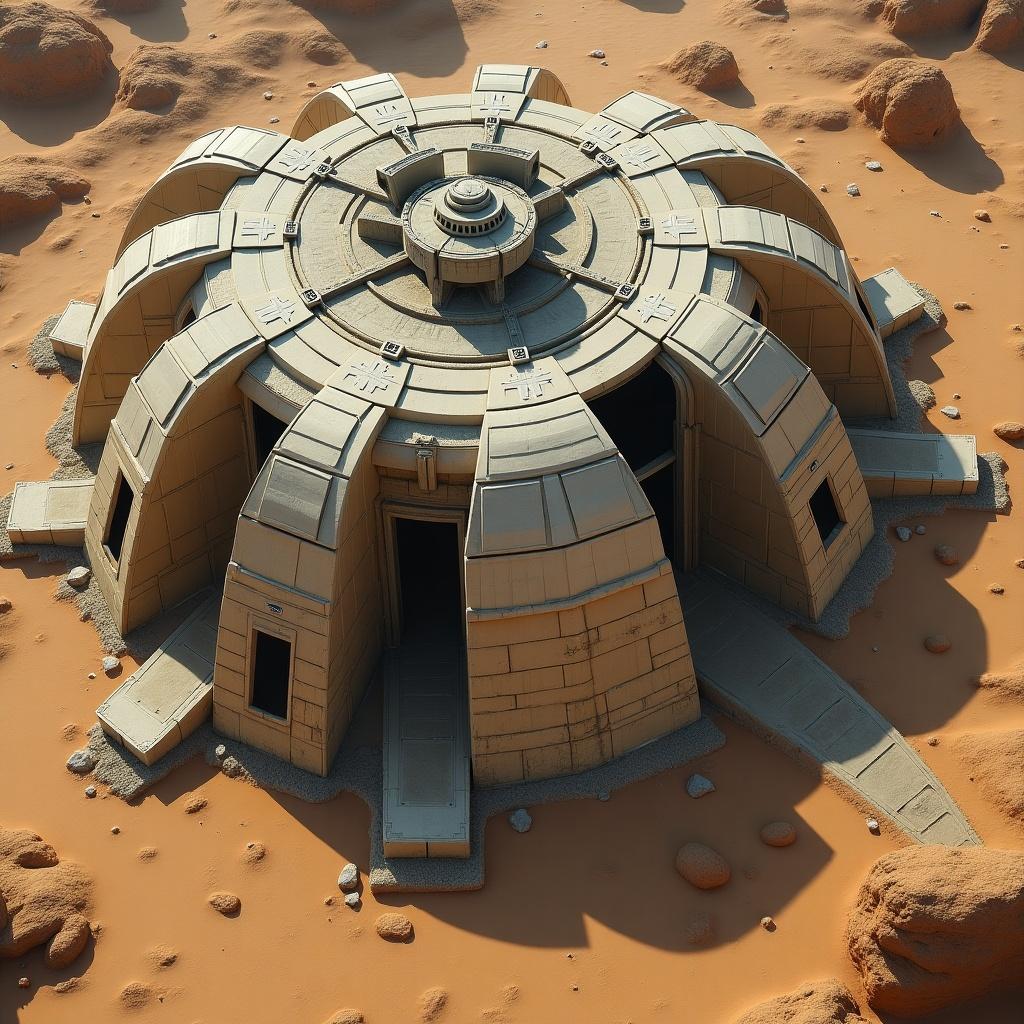 The image shows a futuristic bunker base set in a desert landscape. This structure features a circular design with multiple entrances and a detailed surface. Surrounding the base are sand dunes and boulders, imbuing the scene with an otherworldly feel. The dominant colors are beige and brown, resembling a typical alien environment. The architecture resembles styles seen in popular science fiction films, particularly within the Star Wars universe. The composition highlights the bunker as the main focus, set against a vast sandy backdrop.