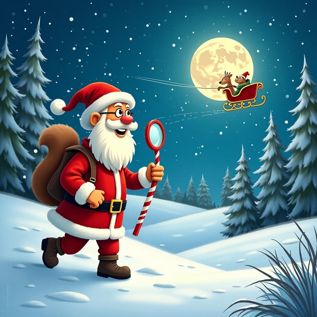 Santa Claus walks through snowy landscape holding a candy cane and magnifying glass. Reindeer flies in the background with a full moon. Evergreen trees adorned with snow cover surroundings. The scene evokes a magical winter feeling.