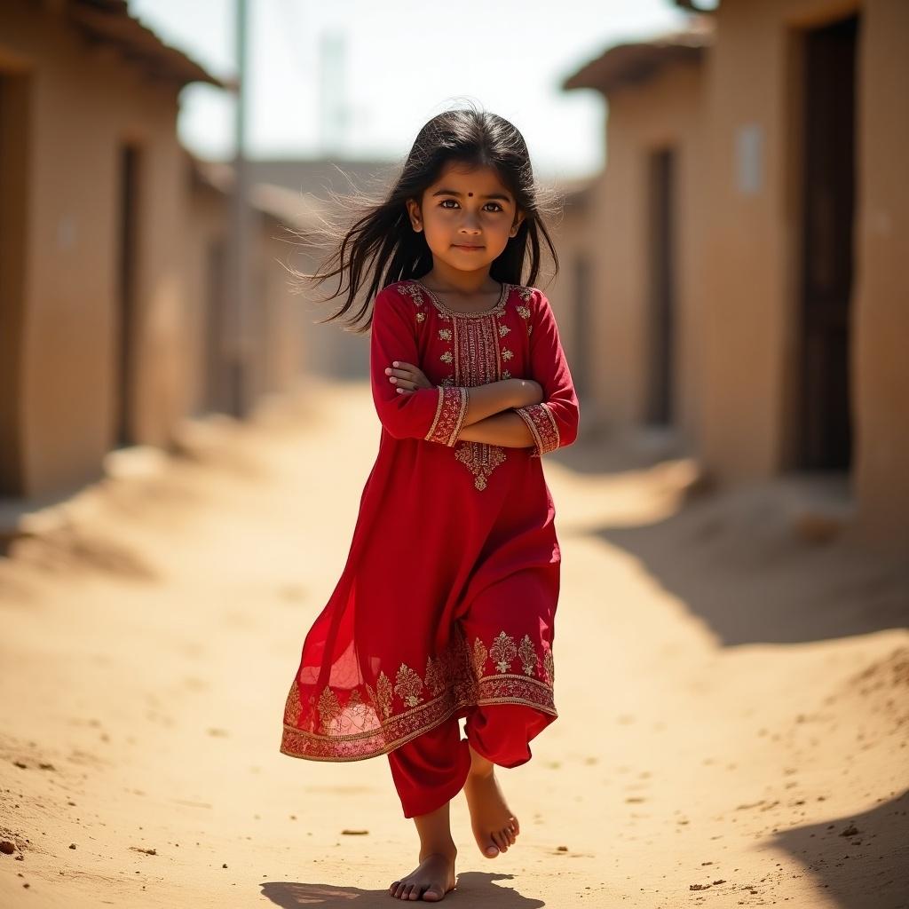 A young girl walks barefoot through a sunlit village path. She wears a vibrant red traditional outfit with intricate designs. The girl has her arms crossed with a thoughtful expression. The environment features dusty ground and rustic buildings. Dark hair flows in the breeze. This image captures childhood in a cultural context and the beauty of traditional clothing.