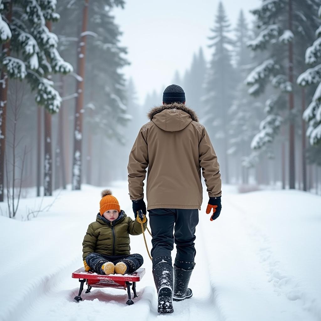 Capture a serene winter landscape in Sweden, filled with fresh snow. Depict a father pulling a pulka through the snow, with his son happily sitting on it. The father is dressed in a light brown coat, black waterproof pants, and sturdy boots, while the son wears a fluffy olive-green jacket, black pants, and bright accessories. Emphasize the tranquil winter atmosphere and the warmth of their bond as they traverse through this picturesque Nordic setting.