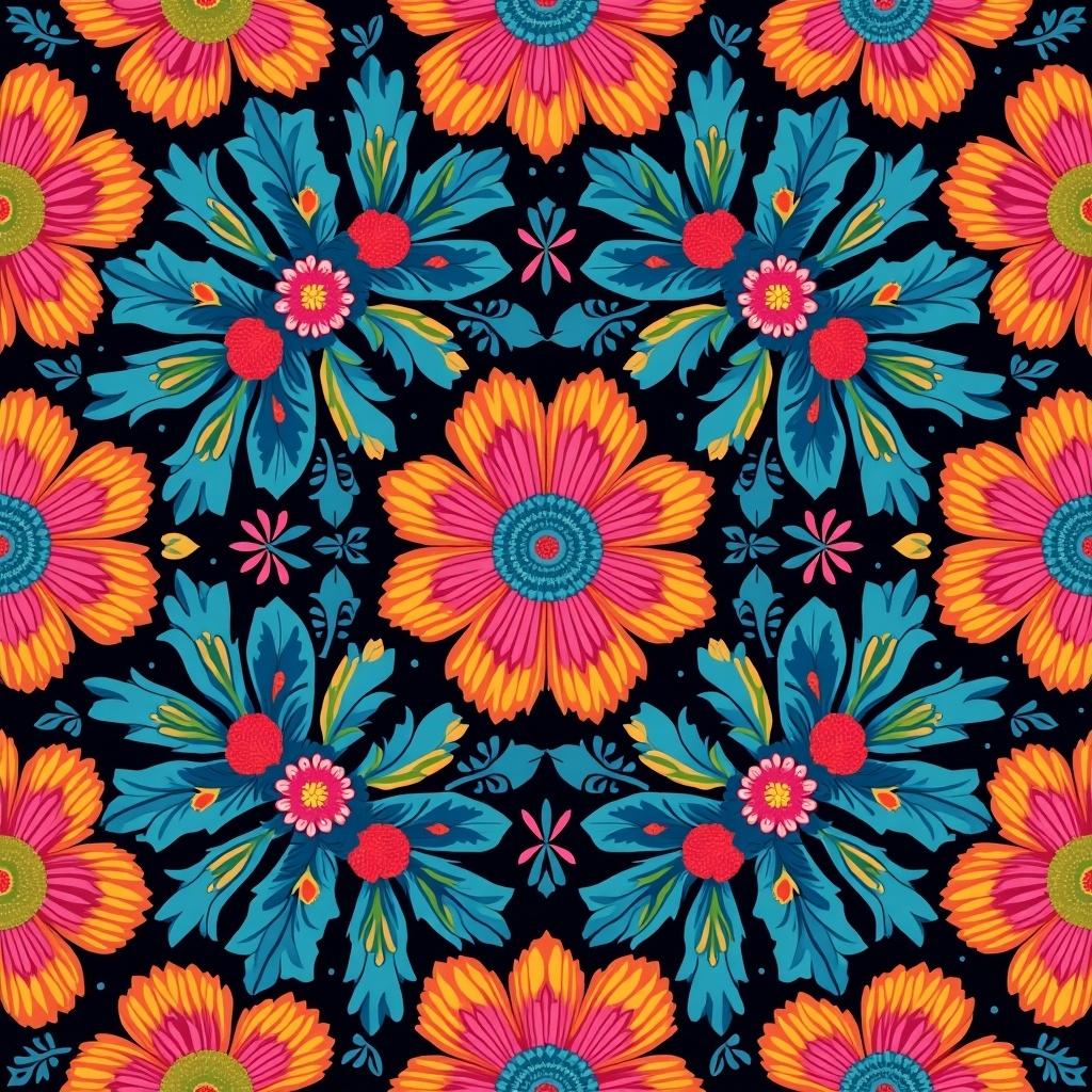 Intricate flower pattern featuring wild flowers composed of deeply saturated colors. Design is repetitive with a vintage flower motif influenced by cultural textile arts. Overall feel is vintage with a bohemian flair for modern decor with an 80s style. Showcases colors like Neon Green, Aqua Blue, Hot Pink, and Electric Purple.