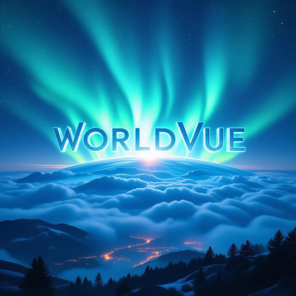 A majestic surreal landscape with a colossal aurora borealis forming the word WorldVue. Below shimmering layers envelop the Earth. City lights twinkle and natural landscapes glow in vibrant green purple and blue hues. Grand composition captures planet's beauty and ethereal global vision. Long exposure photography cosmic dust 16K photorealistic National Geographic style breathtaking.