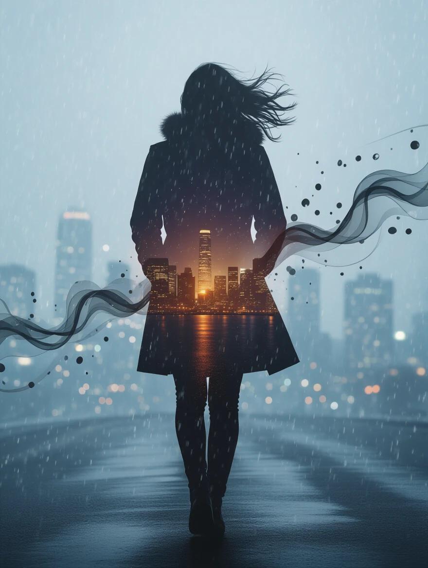 Silhouette of a person walking against the wind. Coat and hair are blowing. Double exposure with a glowing night city skyline within the figure. Scattered raindrops and drifting ink ribbons merge into the wind. Moody atmosphere with cinematic contrast and surreal energy.