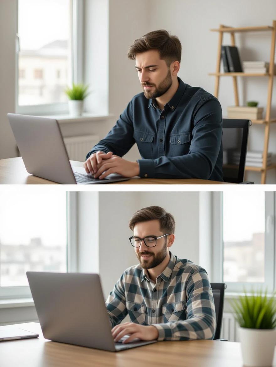 Split screen showcases a stressed individual in a traditional office setting on the right and a relaxed individual working from home on the left. Natural lighting on both sides enhances the photorealistic contrast in professional lifestyle photography.