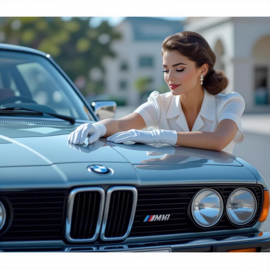 Cinematic elegance featuring a woman in a silk blouse with white gloves near a BMW 328 Roadster. The woman touches the BMW emblem with her right index finger while admiring it. The image captures the car's hood and emblem at a low angle during golden hour lighting.