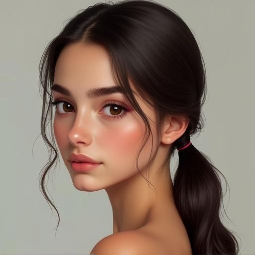 Generate a realistic image of a girl with dark brown hair in a low-ponytail. She has tanned white skin and dark brown eyes. Her eyebrows are thick and well-defined.