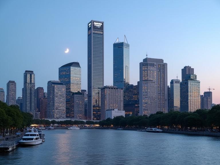 Photograph of a city skyline at dusk with tall skyscrapers featuring modern architecture. Buildings have varying heights and designs with reflective glass windows. A crescent moon is visible in the clear sky. In the foreground, calm water reflects the skyline with small boats docked along the shoreline and trees lining the water's edge.