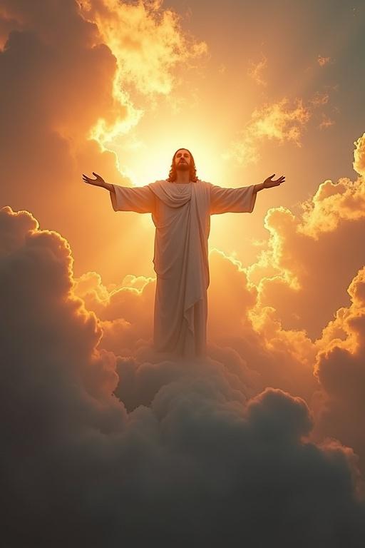 Depiction of Jesus in heaven among clouds with outstretched arms and radiant light