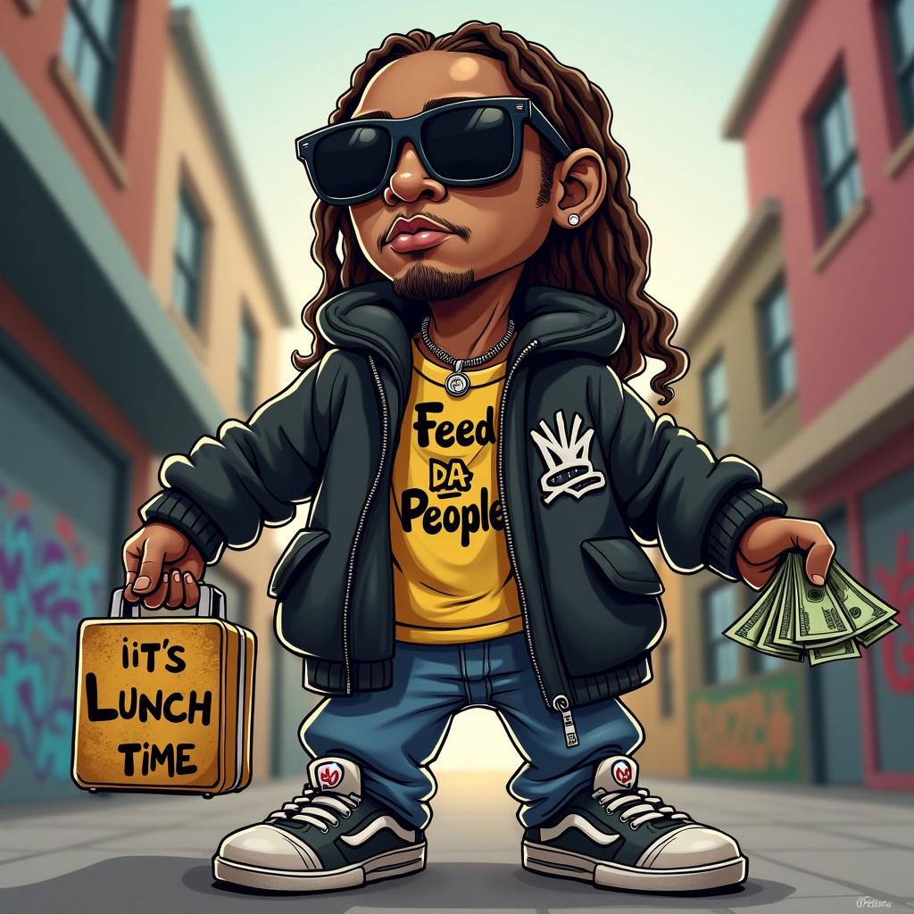 A cartoon character in an urban setting holds money and a lunch box. The character wears sunglasses and a black jacket with a message. The background contains graffiti art and captures a vibrant street atmosphere.