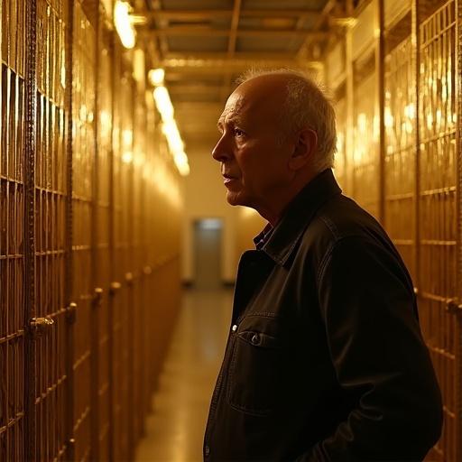 A man giving a guided tour inside a corridor resembling a gilded cage. Corridor has gold and yellow tones. Man appears thoughtful and engaged.