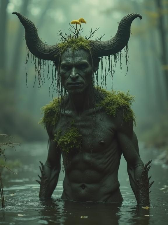 Primordial prince emerging from swamp. Skin covered in moss and mud. Adorned with organic jewelry from roots and fungi. Misty air with sounds of creatures. Vintage style reminiscent of old photographs. Touch of surrealism with light painting techniques. Haunting image of prince rising from marsh in dark atmosphere.