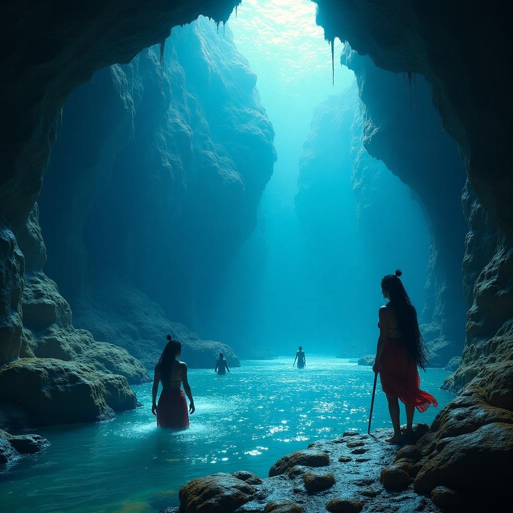 Arjuna wanders to a mystical riverbank. He bathes in clear waters. He is pulled into an underwater kingdom of Nagas. The scene has glowing, jewel-encrusted caves and shimmering waters. Naga warriors surround Arjuna. Their princess, Ulupi, captivates him with her beauty and authority.