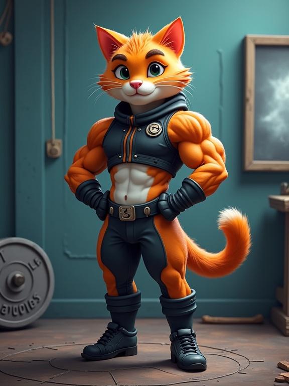 A cartoon character stands confidently in a cosmic-themed outfit with cat features in a gym setting. Character has a classic double bicep pose. One paw is flexed, showcasing prominent muscles and veins. The character has wet-look fur on shoulders and matte fur on the belly with a scar on the left eyebrow. The environment features a smoky gym mirror reflecting back muscles and a broken weight plate on the floor with '500lbs' engraving.