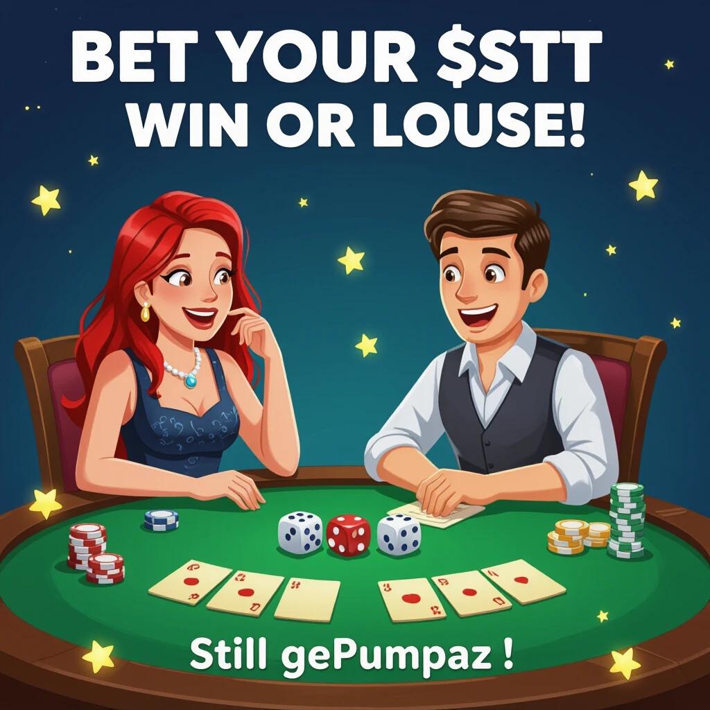 Cartoon depiction of a dice game. Two players are betting with poker chips. The table features cards and dice. The background has stars. Text includes Bet your $STT win or lose and Still getting $Pumpaz.