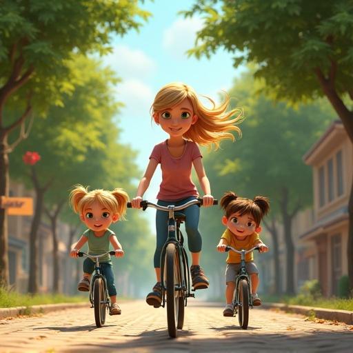 Produce an animated scene of three characters riding bicycles on a street made of books. Focus on a natural blond woman with green eyes accompanied by her six year-old blond girl and four year-old blond boy. Add trees with data hanging in the background.
