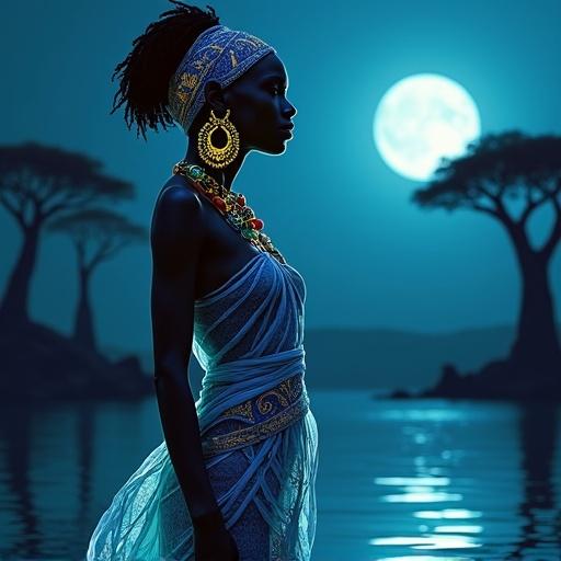 A water spirit from West Africa stands in a lagoon under moonlight She has deep blue-black skin with white clay tribal markings She wears aquatic jewelry and a transparent wrap gown The background has Baobab trees and Adinkra symbols The scene is serene and mystical Focus on intricate earrings in soft lighting