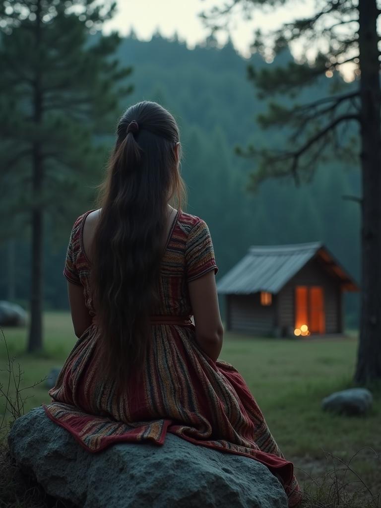 Sad tribal girl in traditional dress sitting on a rock. Long hair flowing down her back. Dense pine forest surrounds her. Small rustic hut glows in the evening light. Beautiful natural setting evokes emotions of solitude.