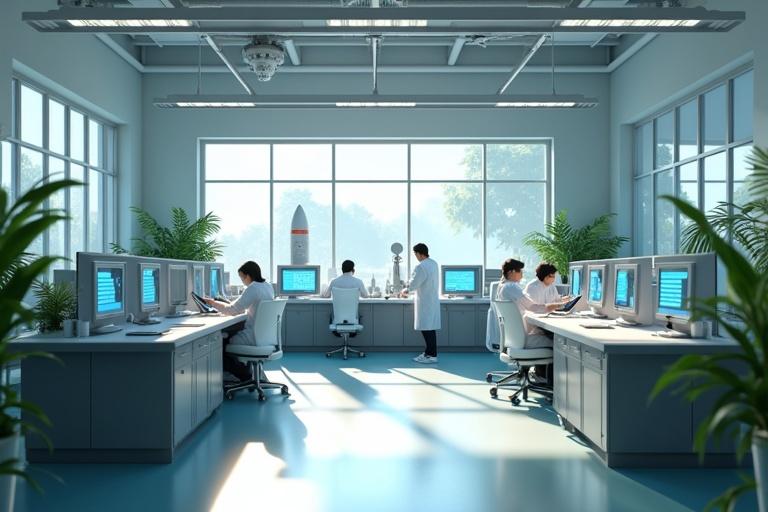 3D scene of DRDO lab with scientists working on missiles medical equipment and drones under bright daylight. Lab has silver machinery and green plants with blue screens. Ultra-HD 4K 16:9 ratio highlights DRDO’s multifaceted role.