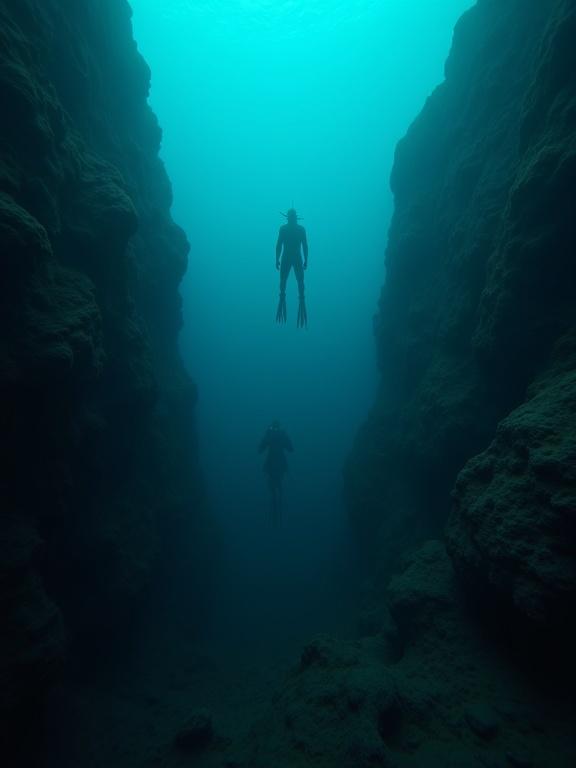 POV from a deep-sea diver's helmet camera. Bottom of the ocean. Lighting is dim and bluish. Diver in the distance floats upright. Massive dark ocean abyss. Trench is bottomless and pitch black. Jagged rocks surround area. Few sea creatures visible. Scene feels unsettling and terrifying. Distant diver stares down into trench.