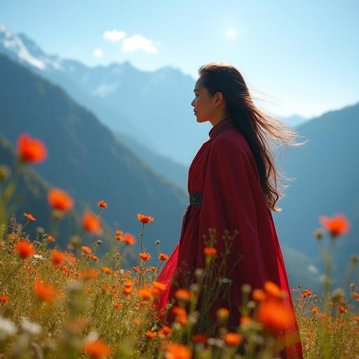 Beautiful woman standing in wildflowers with blue sky and mountains in background. Hair swaying in breeze. Sun shining brightly.