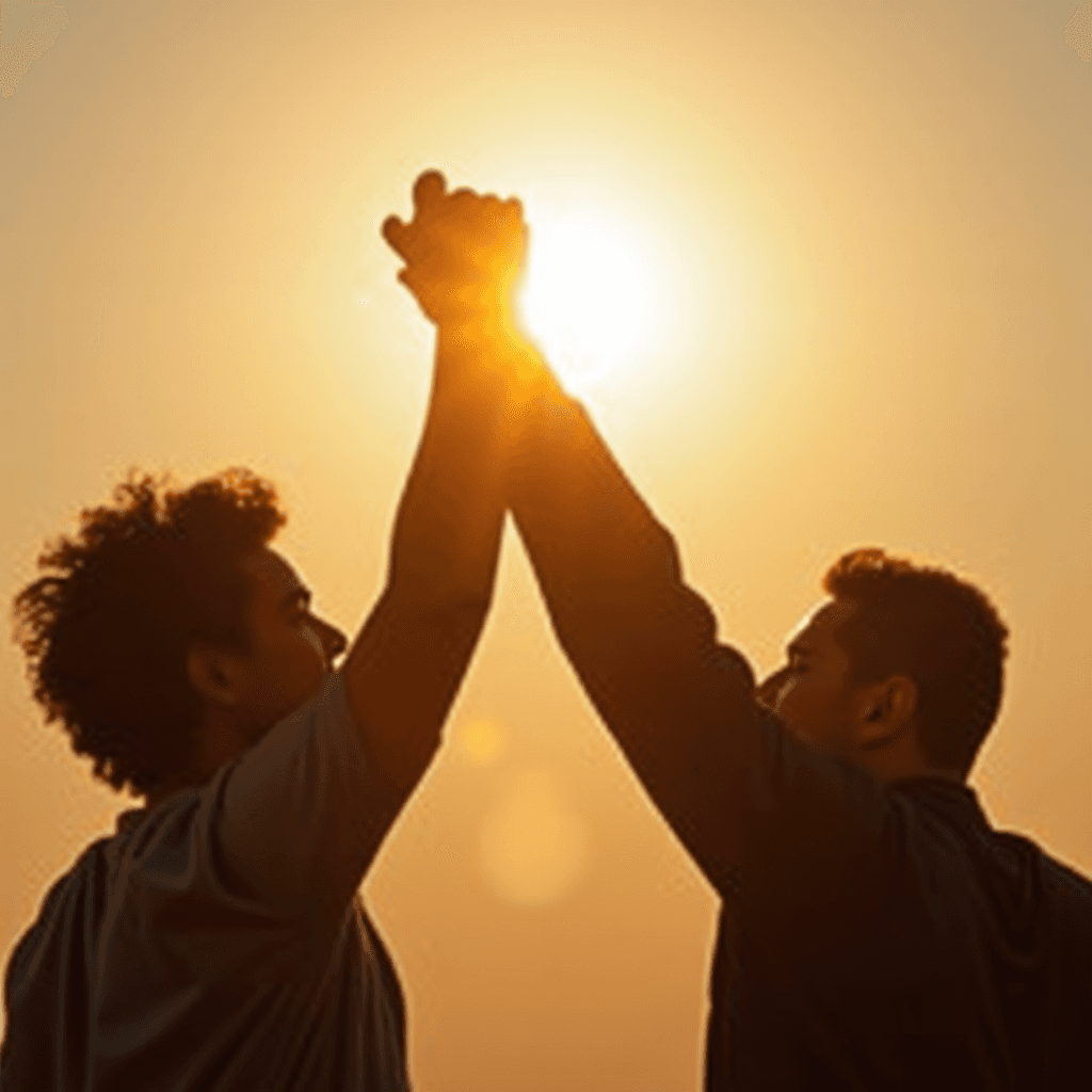 Two people are facing each other with raised, clasped hands against a bright sun in the background.