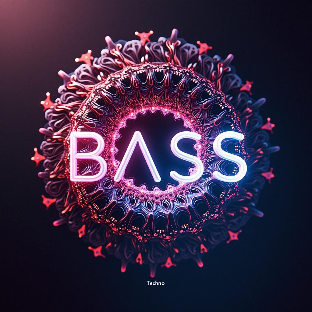 Fractal vibrant bass artwork on an album cover. Futuristic text displays the word Techno.