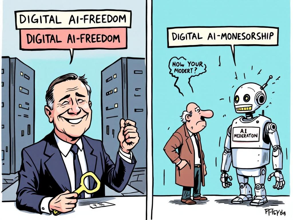 Two-panel political cartoon depicts a smiling politician in a suit holding a golden key in front of a data center. The label is DIGITAL AI-FREEDOM. Next to him, a frustrated cartoonist is arguing with a robot moderator labeled AI MODERATION. The label for this panel reads DIGITAL AI-CENSORSHIP.