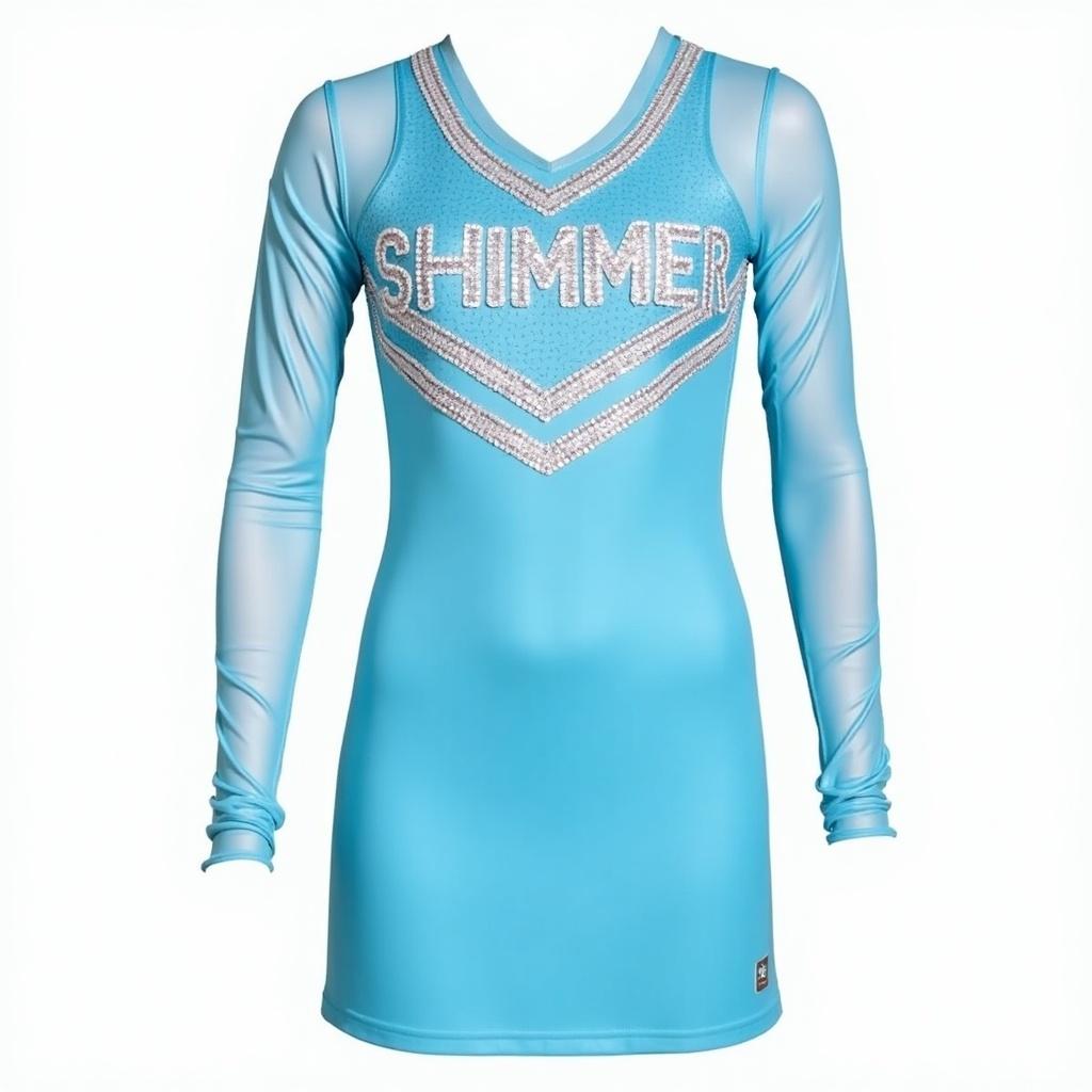 Cheerleading uniform features 'Shimmer' in light blue color. Gems and mesh create a stylish design. Long sleeves enhance the look.