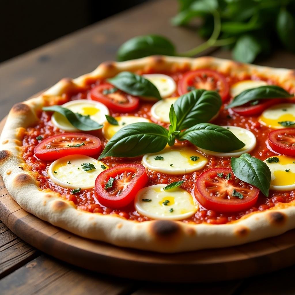 Italian classic pizza with tomato slices mozzarella and basil on a wooden board