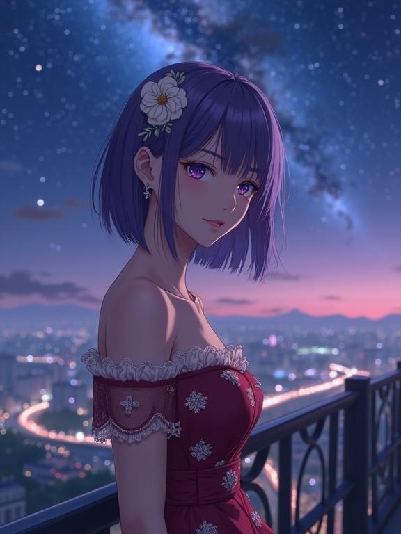 A beautiful anime lady with calm and intelligent expression. She has violet hair in a bob cut and violet eyes. White rose hairpin adorns her hair. She wears a wine-red evening dress with white floral embroidery. Leaning against a railing at nighttime. The sky has a vivid Milky Way. City lights below twinkle. Ambient lighting enhances the romantic mood. Cinematic composition with ultra-detail.
