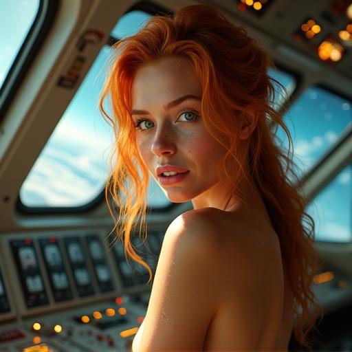 A stunning young woman with freckles and vibrant red-blonde hair sits in a futuristic spaceship cockpit. She has bright green eyes and a playful smile. The lighting is warm and golden from the control panels. The spaceship's interior features sleek metallic surfaces and many buttons. The background shows a stunning vista of stars and planets. The image captures close-up details and evoked a playful mood.