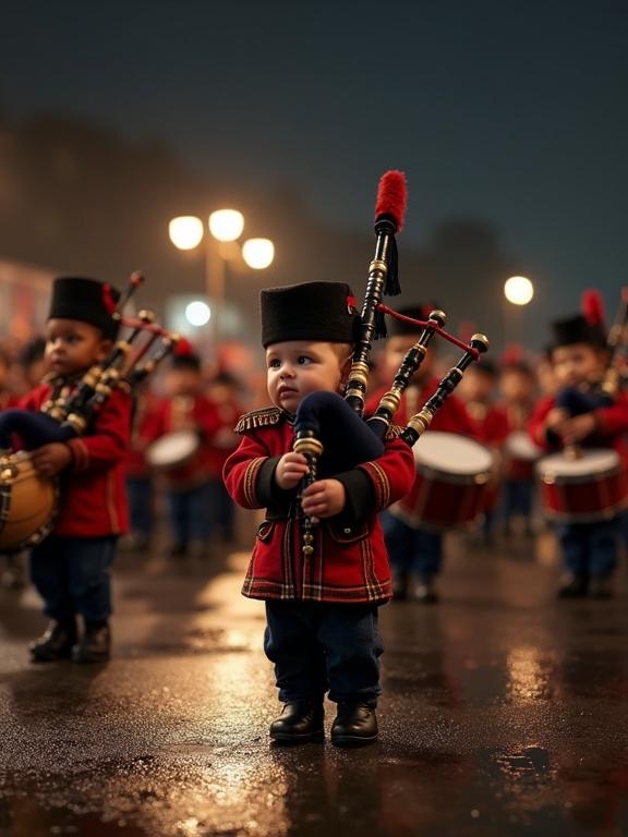 A nighttime photograph captures a Scottish military bagpipe band performed by 3-year-old babies who are various ethnicities. The babies wear detailed miniature military uniforms. Some play snares while others play bass drums. A baby plays bagpipes in the foreground. The scene is in an open area with a crowd in the background. Lighting reflects a night parade ambiance. The uniforms and instruments are proportionate to the babies.