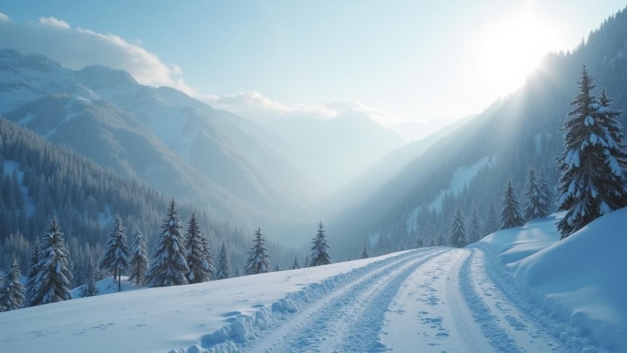 This image captures a breathtaking winter landscape, complete with snow-drenched mountains and a serene atmosphere. The scene is seen from a bird's-eye view, showcasing the first snow of the season that blankets the mountains. Light snow is gently falling, contributing to the picturesque quality of the scene. Soft light bathes the environment, enhancing the beauty of the snow-covered trees and hills. This tranquil snow scene evokes a peaceful and cinematic feeling, reminiscent of a movie setting.