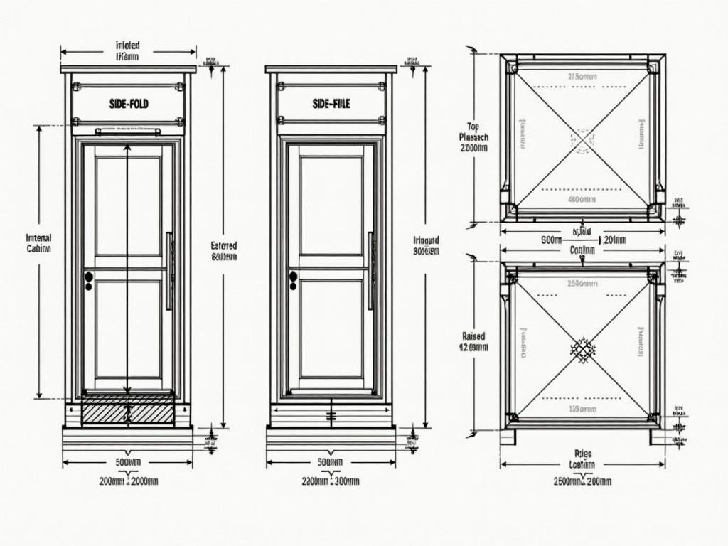 This image is a technical drawing of the Terror Elevator ride. It includes detailed front, side, and top views with accurate dimensions. The front view features a centered bi-fold door at a height of 2100mm. The side view illustrates a ramp leading to a raised floor that is 500mm above the ground. The top view shows a cabin that measures 3000mm x 3000mm within a 3500mm outer cube, highlighting the door location and wall positioning. Dimensions are clearly marked for reference, ensuring thorough understanding of the structure.