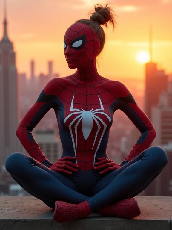 A girl dressed in a skin-tight spider suit sitting on a ledge against a city skyline during sunset. The suit's design is inspired by Spider-Man. Warm colors fill the background, creating a vibrant atmosphere.