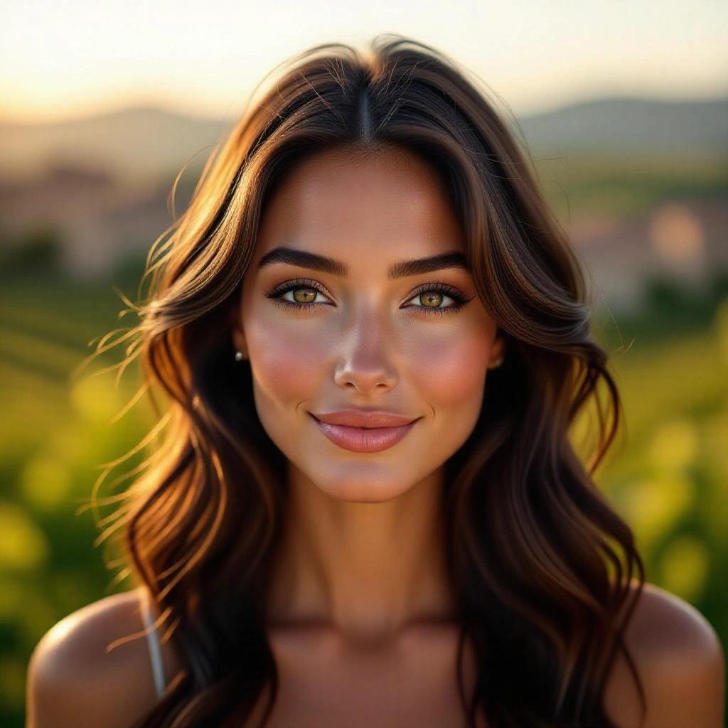 Intimate portrait of a beautiful woman looking at the camera. Long brunette hair in soft waves. Warm golden hour sunlight. Natural skin glow and realistic texture. Soft expression with defined features. Background is blurred countryside landscape with stone buildings and vineyards.