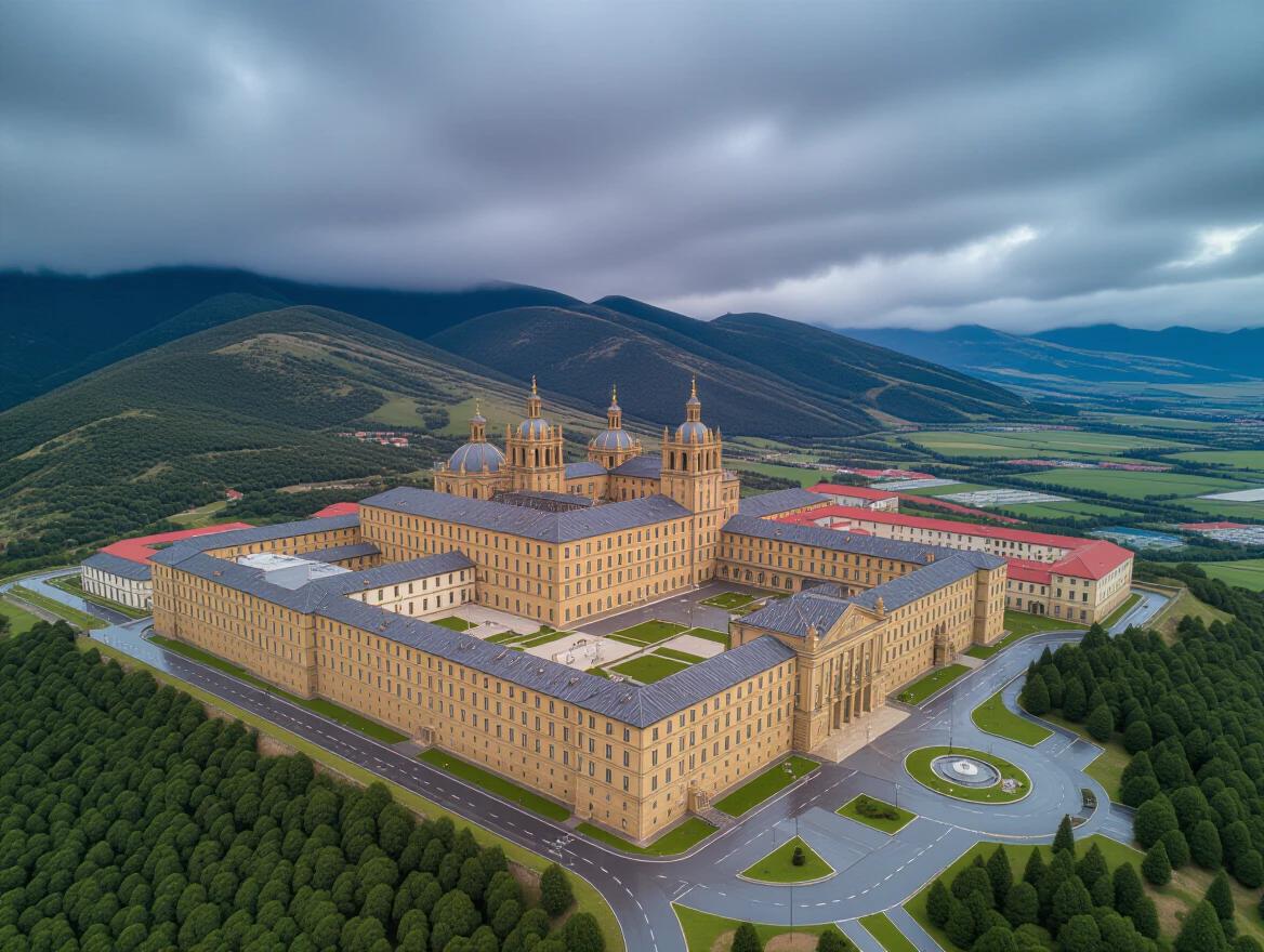 Aerial view of El Escorial Monastery in Spain surrounded by darkness. The scene has a somewhat sinister atmosphere. The monastery features impressive Renaissance architecture. Mountains are visible in the background. The landscape is lush and green.