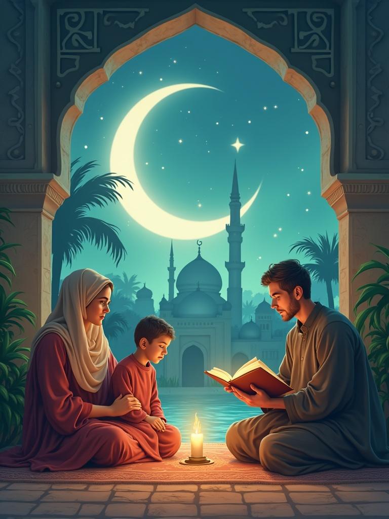 Create a poster depicting a family enjoying a serene moment in Ramadan. Show them reading a book together. Include an Islamic architectural background with crescent moon and starry sky. Capture the warm ambiance created by a candle.