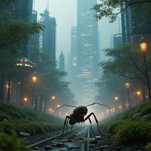 Futuristic city on a giant walking ant. Skyscrapers glow with lights. Vehicles hover in the air. Elevated roads across the landscape. Urban life unfolds around. Ant traverses a forest-like floor. Surreal fusion of nature and technology. Rich in detailed textures. Enhanced with cinematic lighting.