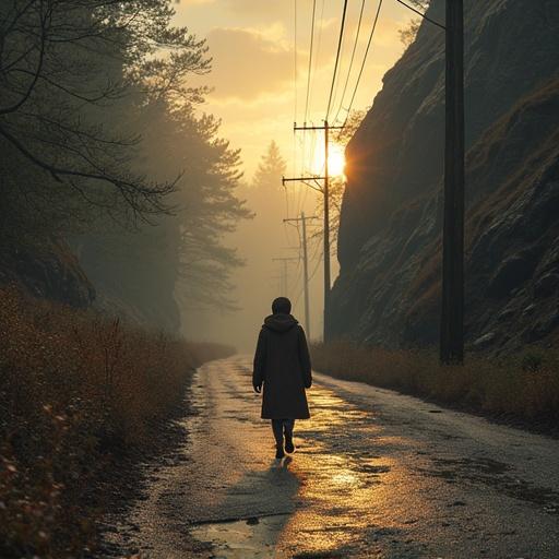 Misty landscape with a figure walking on a muddy road surrounded by tall trees and power lines at sunset