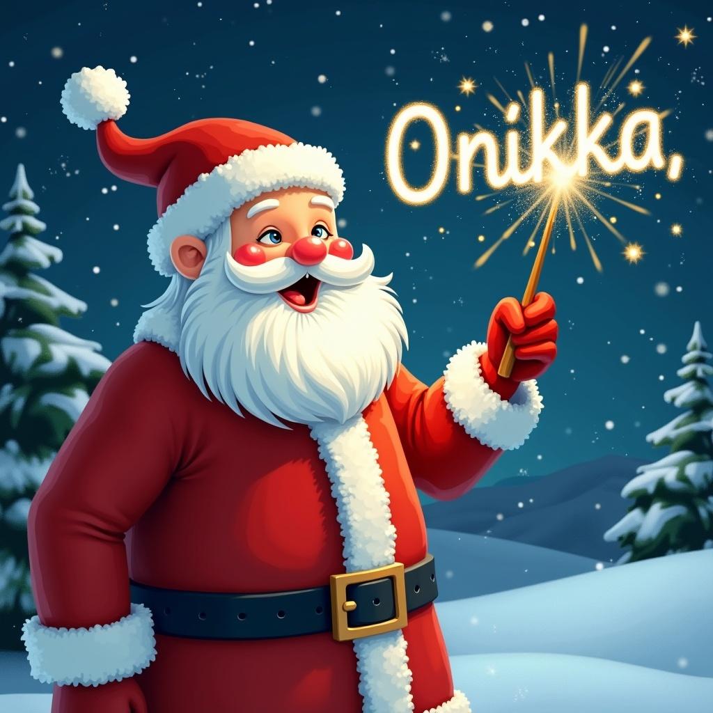 A jolly Santa Claus in a snowy landscape. He holds a magical wand that shines with sparkles as he writes the name Onikka. Santa wears a classic red suit with white fur trim and a matching hat. His eyes twinkle with joy while he writes names in the sky. The snowy scene includes evergreen trees and a starry night sky. The atmosphere is festive and magical.