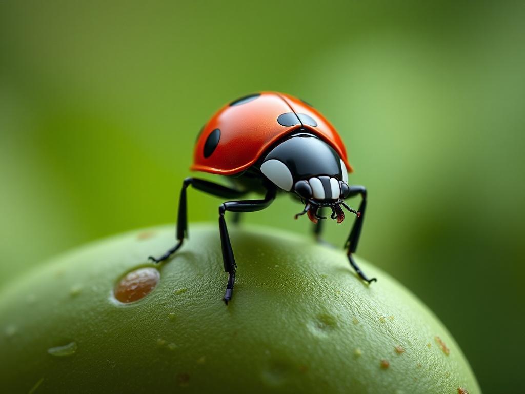 This macro image showcases a vibrant red ladybug resting on a lush, green surface, likely a leaf or fruit. The ladybug’s glossy shell, adorned with black spots, provides a striking contrast against the smooth, green background. The soft lighting enhances the detailed textures of both the ladybug and the surface it rests upon.