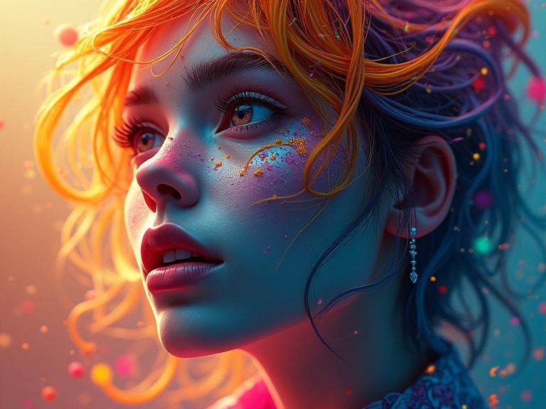 3D ultradetailed portrait of a character with vibrant blue hair and full body attire in a bright background. Inspired by styles that blend Disney and street art into a hyperrealistic design.