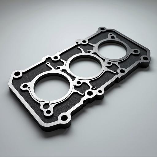 Hyper-realistic studio photograph of a new KMC T8 cylinder head gasket. Gasket made of high-quality durable composite materials. Show intricate design with precise cutouts for bolts and fluid passages. Professional lighting highlights texture and robustness. Background is clean and neutral, slightly reflective surface. Conveys precision engineering and reliability.